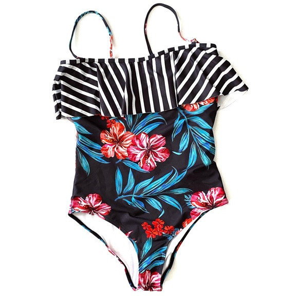 Tropical Swimwear One-Piece Swimsuit Floral Print Stripe Ruffle Top Bathing Suit - Picture 4 of 16